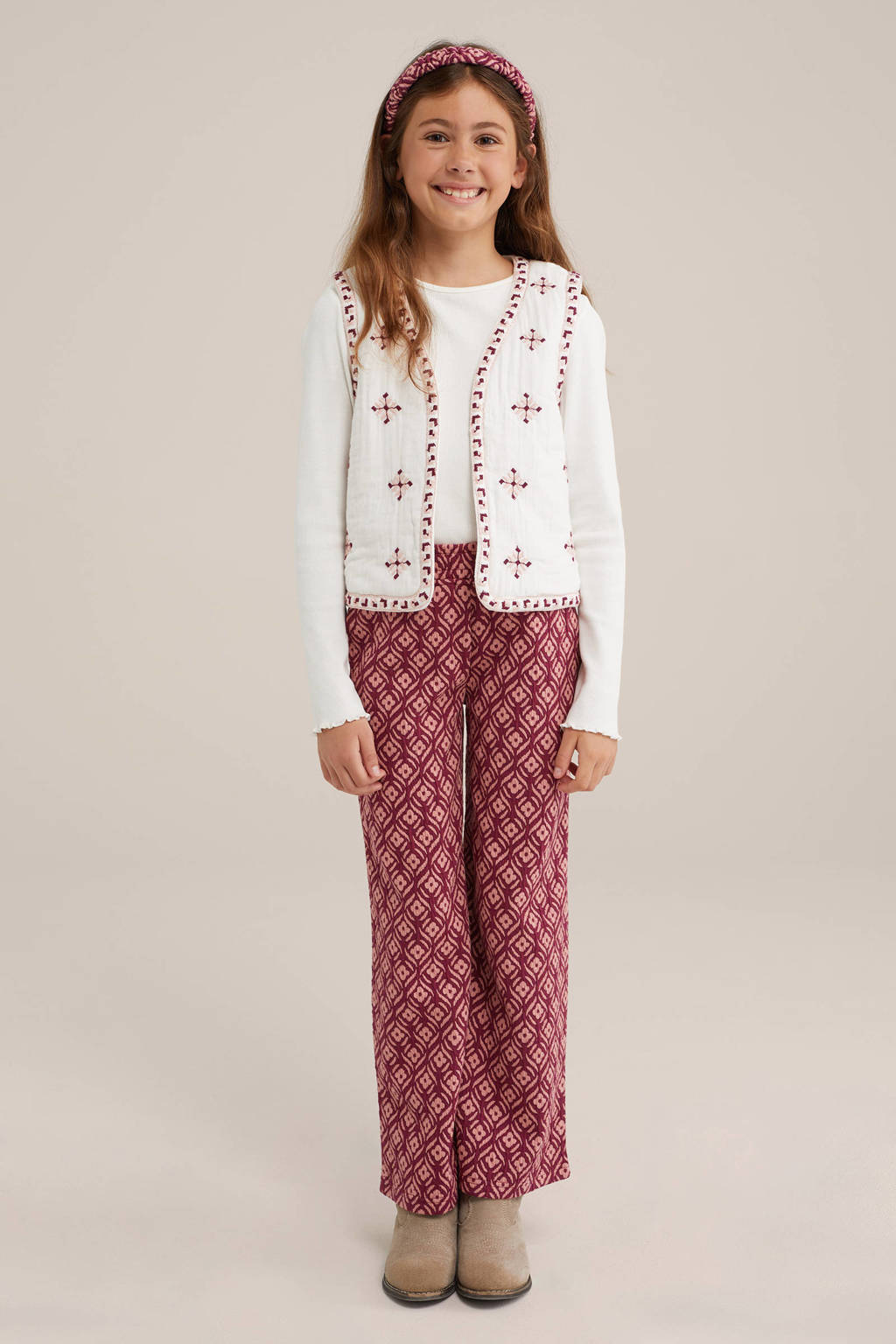 WE Fashion straight fit broek met all over print donkerrood/lichtroze