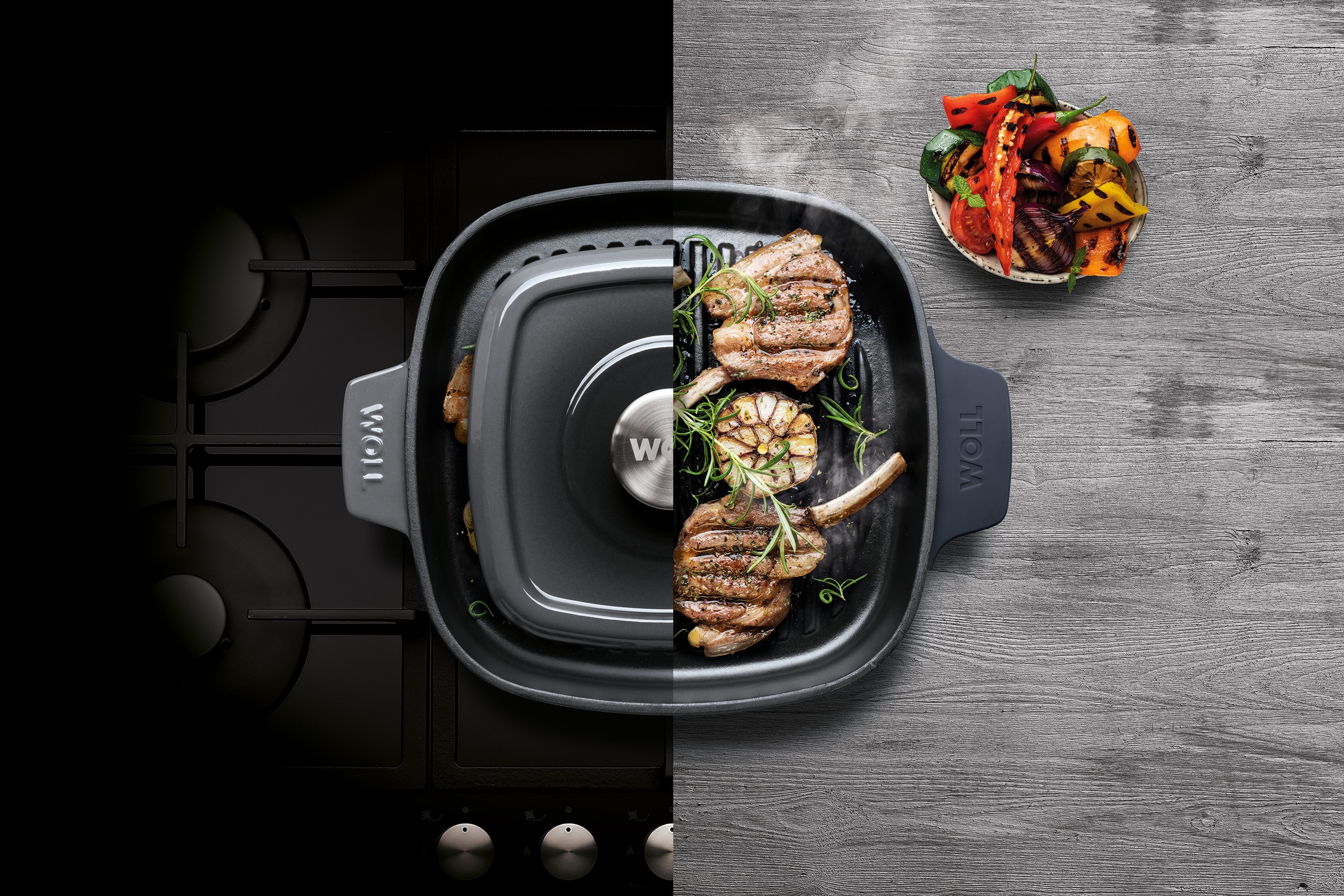 Iron Guss-Grillpfannen-Set mit 2 Steakmessern - Farbe: Carbon Grey