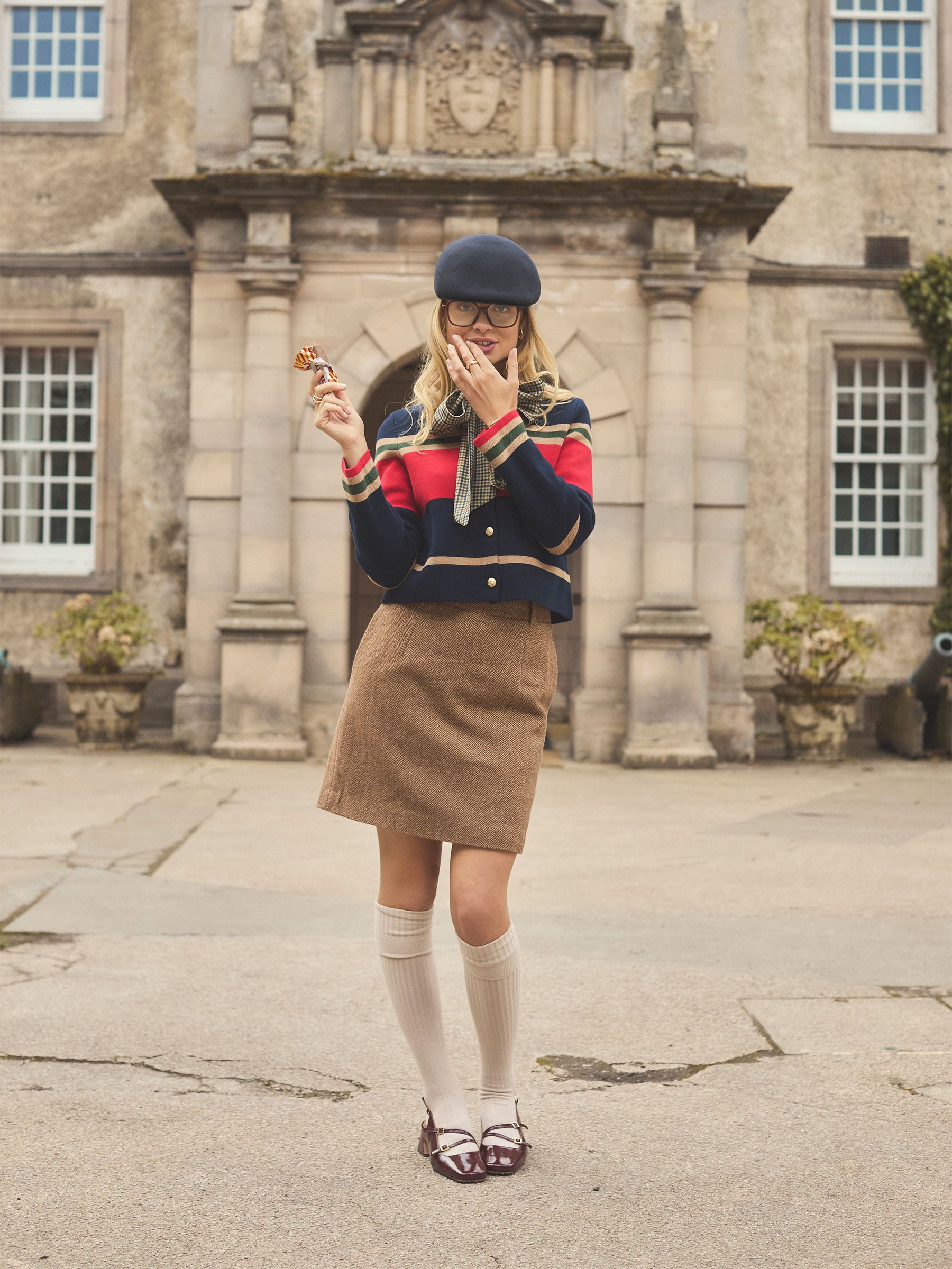Tan Brown Herringbone - Joules Bramble Tweed Wool Blend Skirt