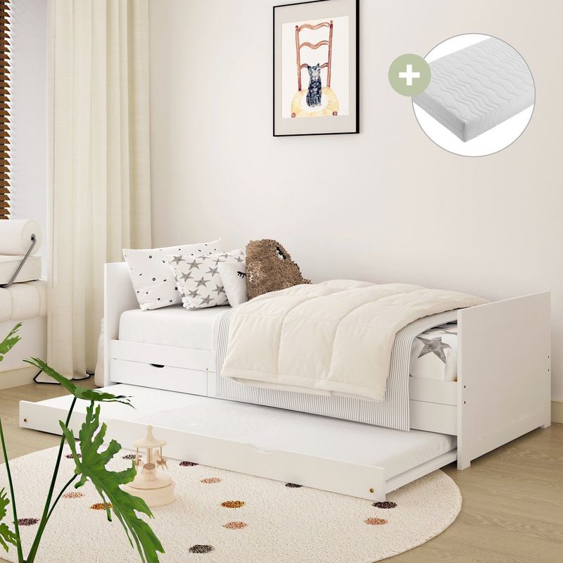 Sunny Eli - Kinderbed - Wit - Onderschuifbed met 3 Opberglades - 206 x 97 x 75 cm - Inclusief Matras