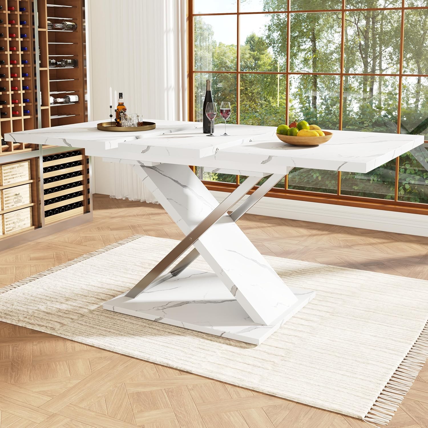 Esstisch Ausziehtisch (118/157×75cm), Küchen-Wohnzimmertisch, Anstecktisch, Ausziehbar auf 118-157cm mit Hilfe von innenliegender Einlegeplatte, Esstisch mit Kreuzbeinen，Weiß + Silber