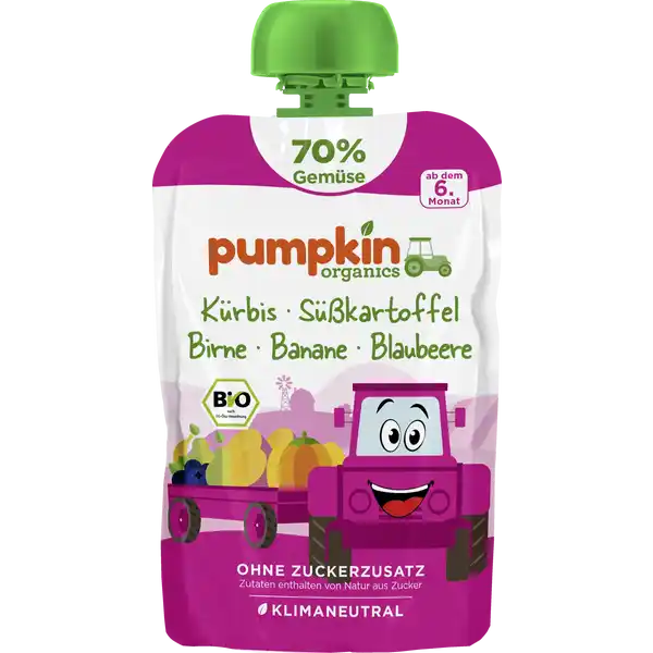 Bio Quetschie mit Kürbis, Süßkartoffel, Birne, Banane & Blaubeere