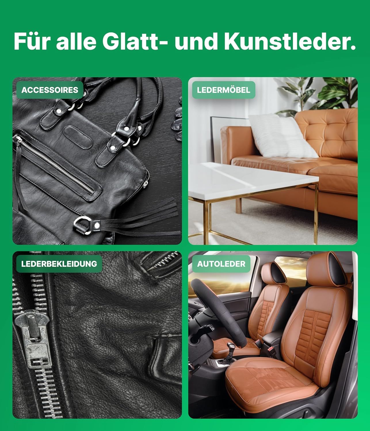 Emma Grün® Leder Komplettset mit Lederreiniger & Lotion inkl. wiederverwendbarem Schwamm & Bürste