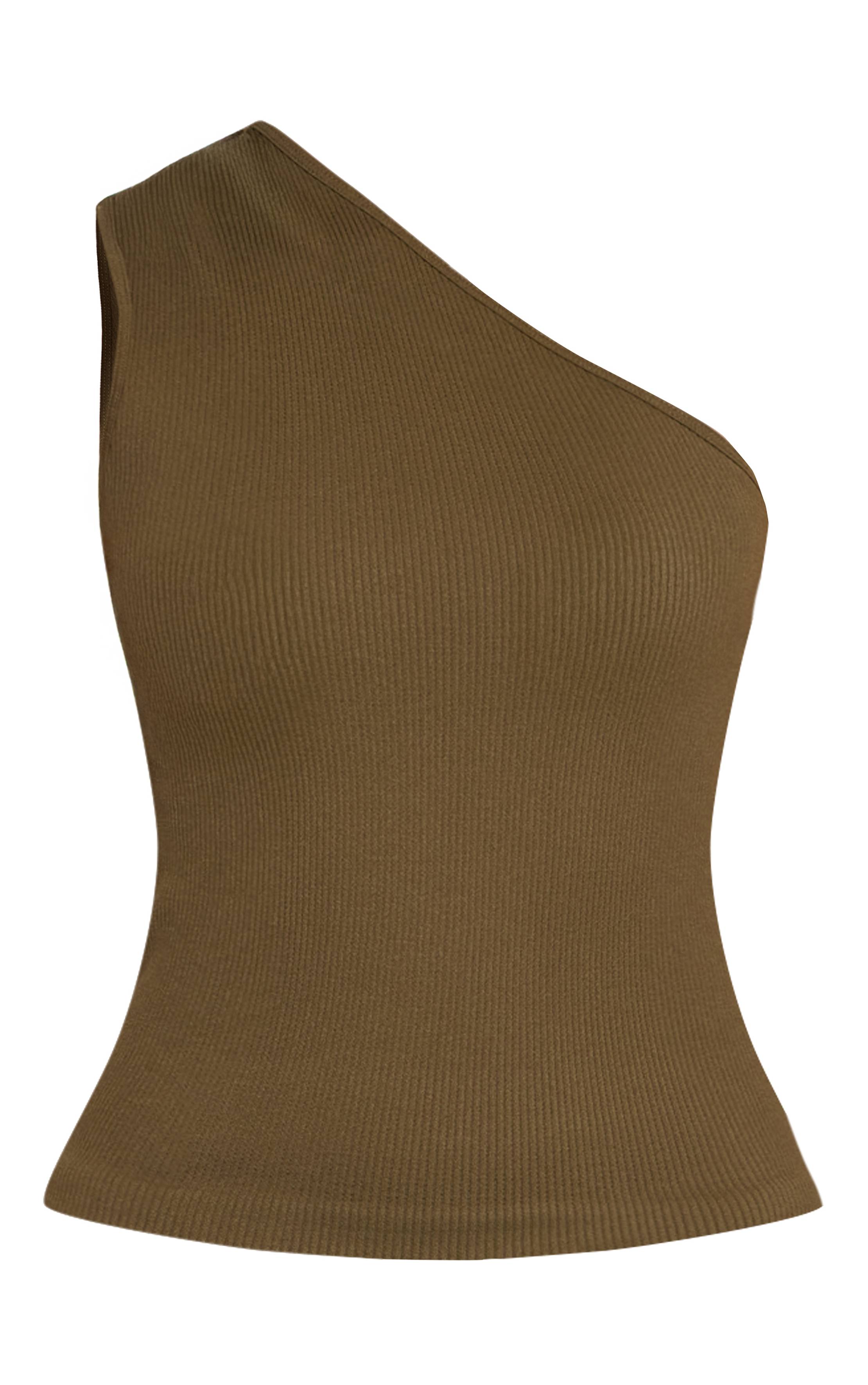 Vert Olive Top Long Asymétrique Côtelé Moulant Couleur Crème