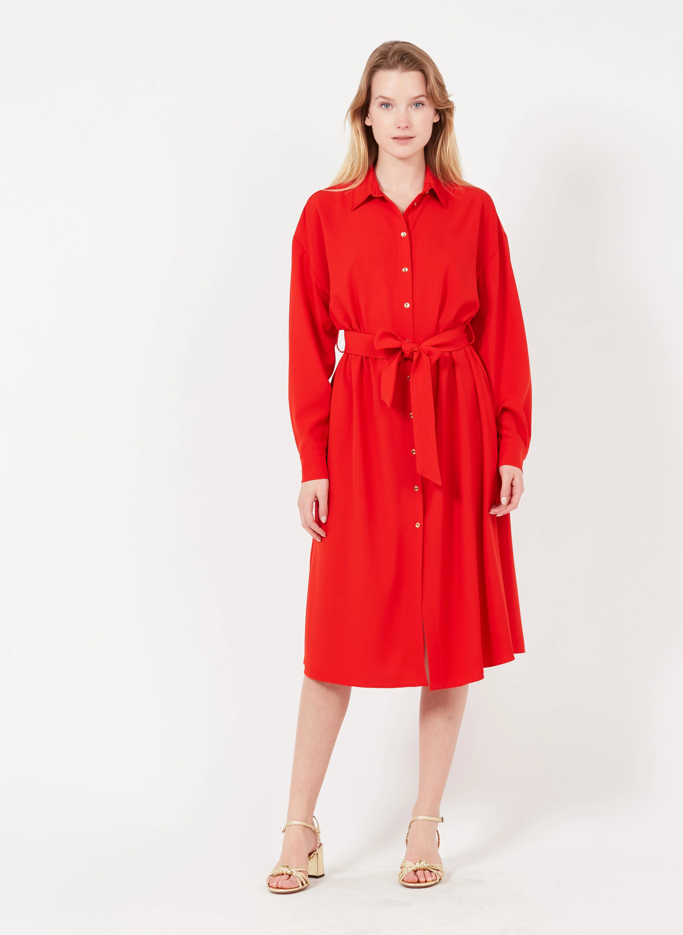MANIEROSO - Robe midi col classique boutonnée | Rouge