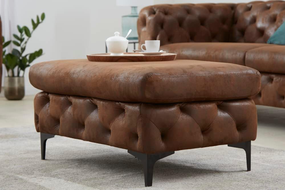 Chesterfield Sitzhocker MODERN BAROCK - 92cm - antik braun - Microfaser Metall - Fußhocker Ziersteppungen Retro gefedert gepolstert
