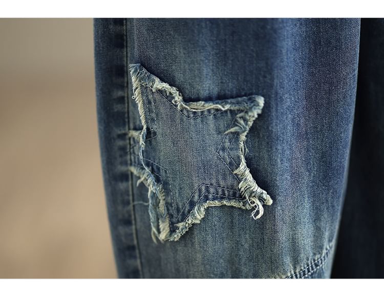 Shinobu - Elastische taille met lettersprint, sterrenapplicatie en gewassen cropped baggy jeans