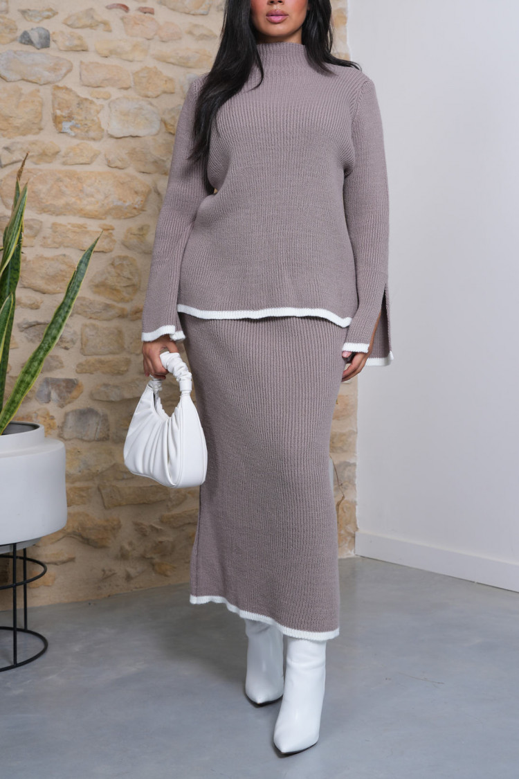 Ensemble 2 pièces pull + jupe en maille taupe et beige