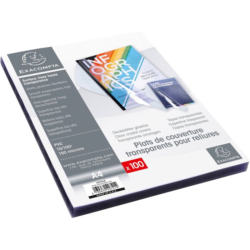 Couverture de reliure Exacompta PVC 15/100 transparente incolore A4 - Paquet de 100