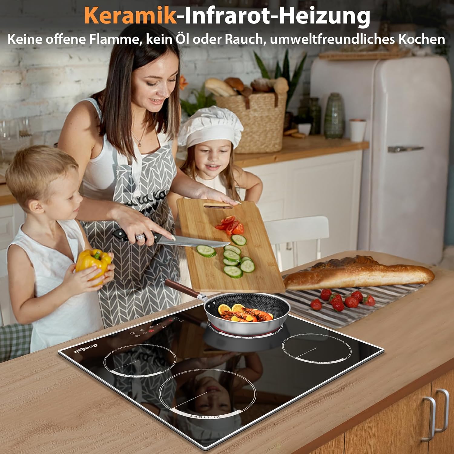Glaskeramikkochfeld 4 Platten mit Rahmen, 60cm Einbau Herdplatte 4 Kochfelder, Kochfeld Autark, 6000Watt, 9 Leistungsstufen, Rahmen aus Edelstahl, Sicherheitsschloss, 220v, Kein Stecker