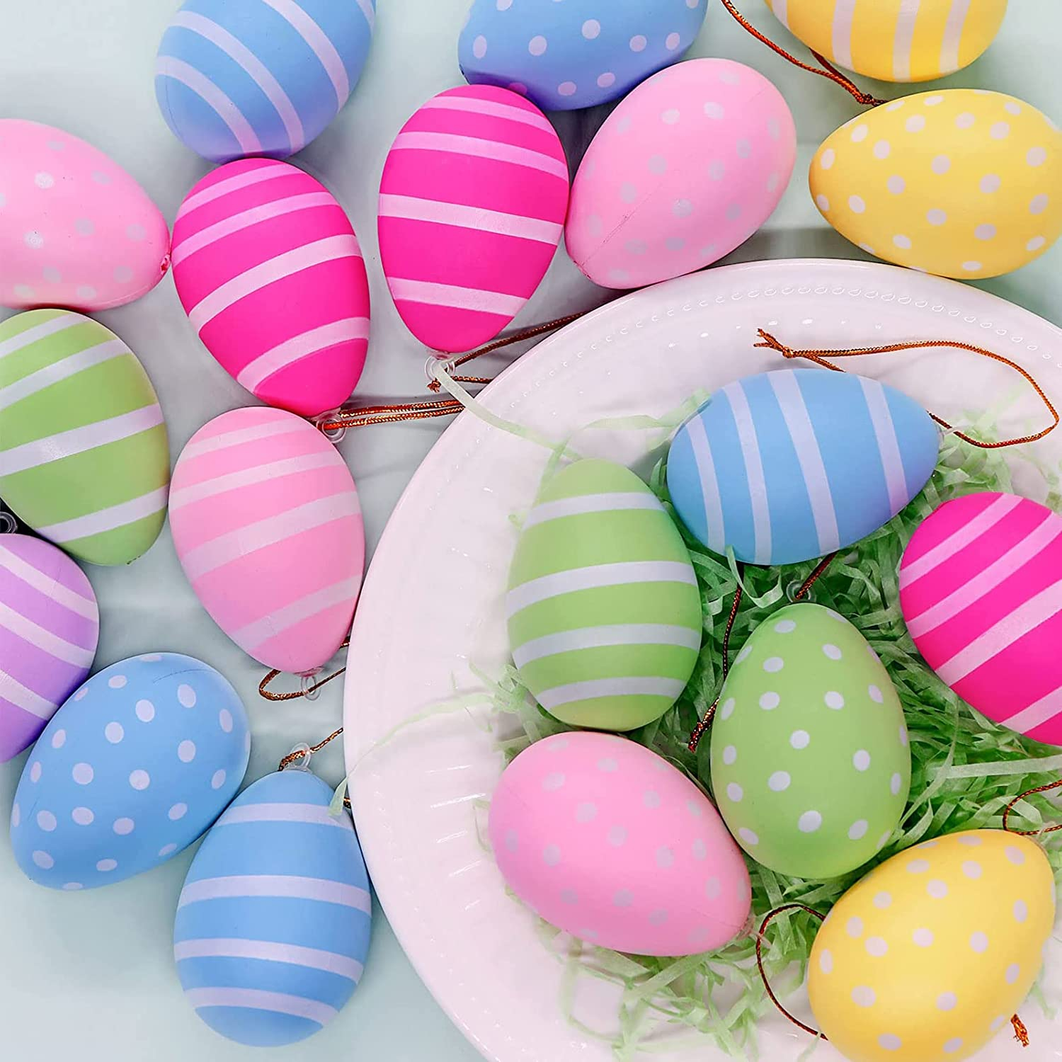 (24er Set) Ostereier Dekoration mit Aufhängeband Accessoire für Ostern - Bunt