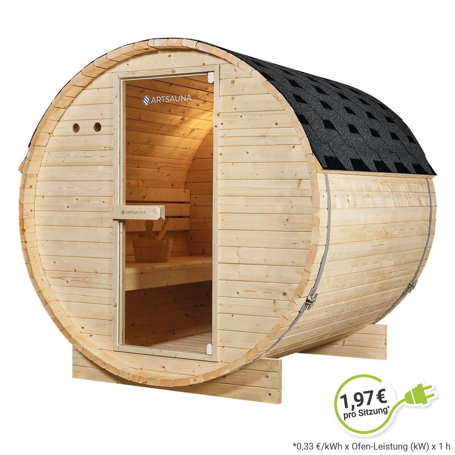 Artsauna Fasssauna Spitzbergen 180 - 4 Personen, 6 kW Ofen, Zubehör - Fichtenholz Sauna