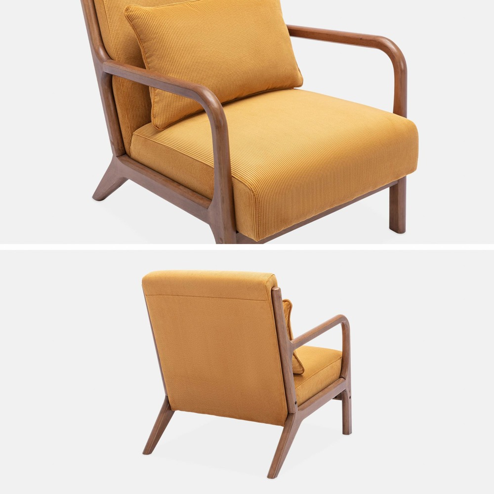 Fauteuil velours côtelé ocre. Pieds bois d'hévéa teinté noyer clair. 1 place droit fixe. Pieds compas scandinave. Structure en bois