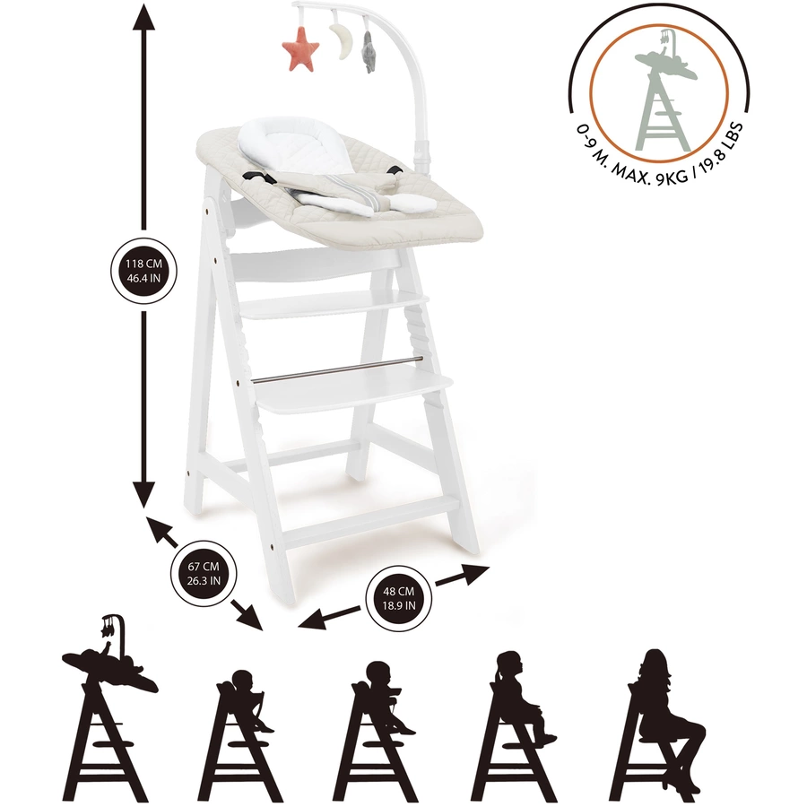 509 Crew SKY Hochstuhl natur inkl. Bouncer stone white und 2-in-1 Essbrett weiß