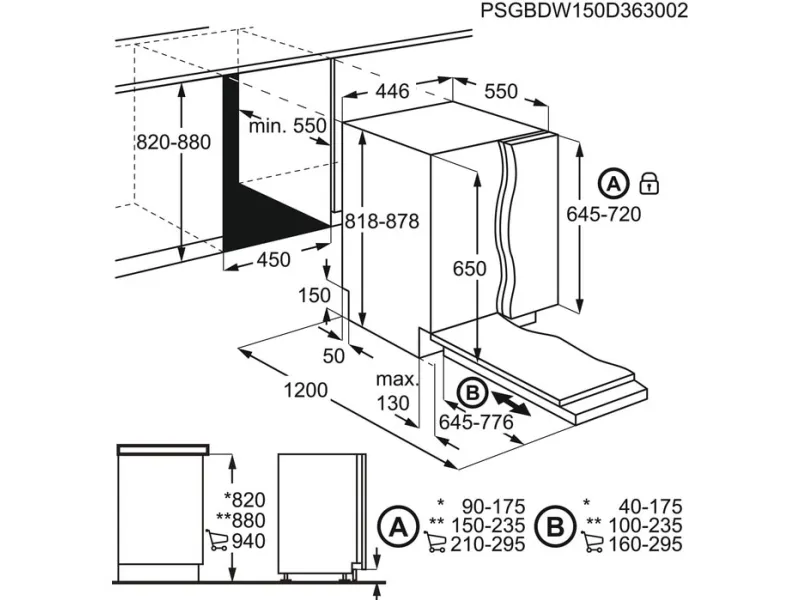 AEG FSE62417P, Delvist indbygget, Slimline (45 cm), 1,5 m, Kurv, 9 kuverter, B