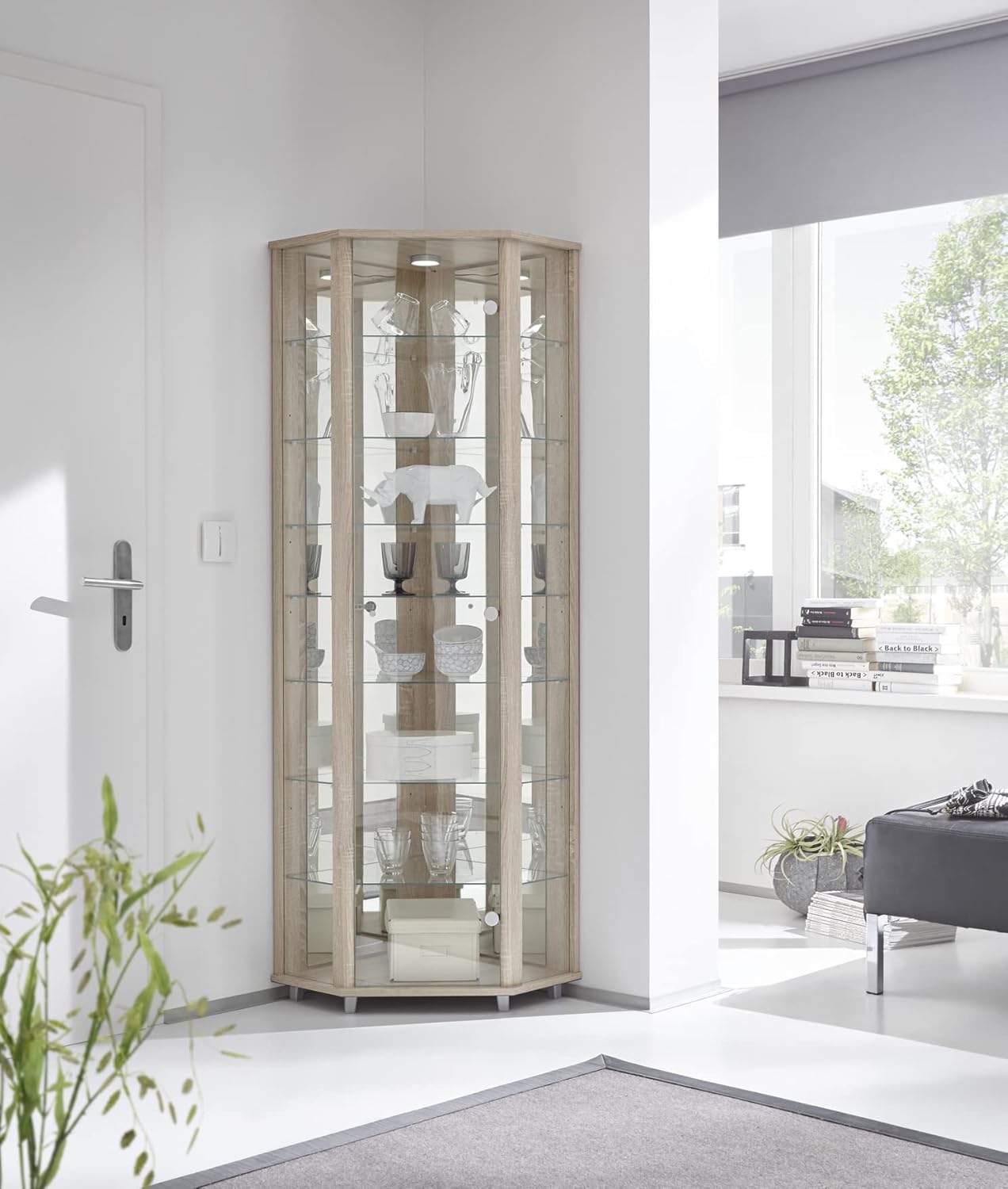 möbelando Eckvitrine Vitrinenschrank Glasvitrine Vitrine Berlin II Sonoma Eiche