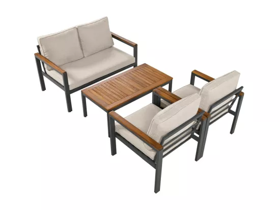 Salon de jardin en acier galvanisé - 1 canapé 、2 fauteuils et 1 table basse - décoré de Bois d'Acacia - Beige