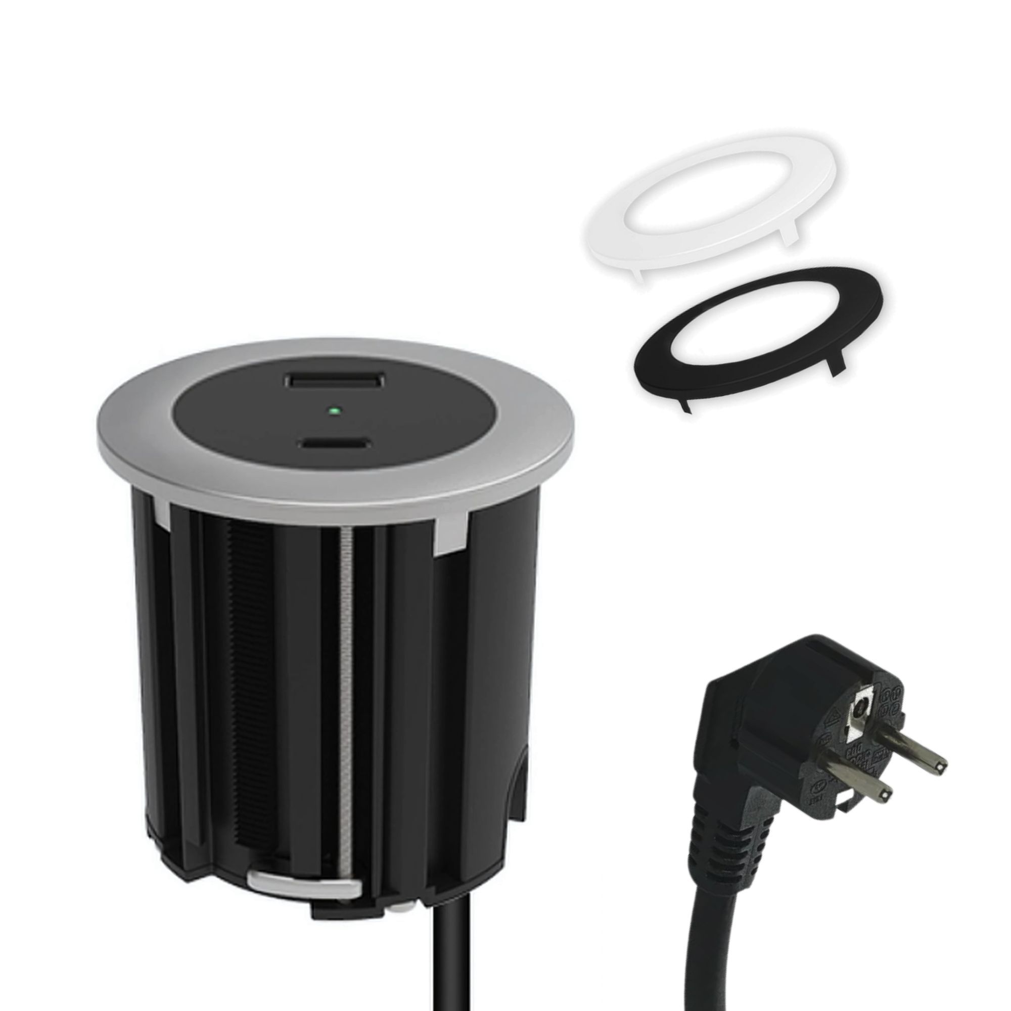 kalb | USB Einbausteckdose mit 2 USB-Anschlüssen, 54mm rund für Montage in und an Möbeln / Platten, mit EU-Stecker, inkl. farbiger Blenden