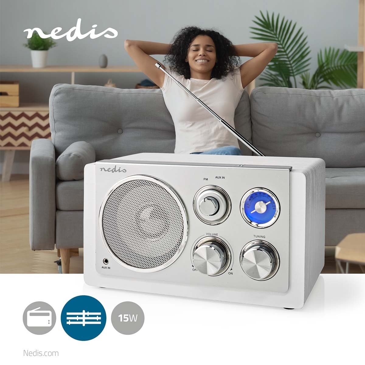 Nedis FM-radio | Bord design | FM | Nettstrøm drevet | Analog | 15 W | IP20 | Hvit
