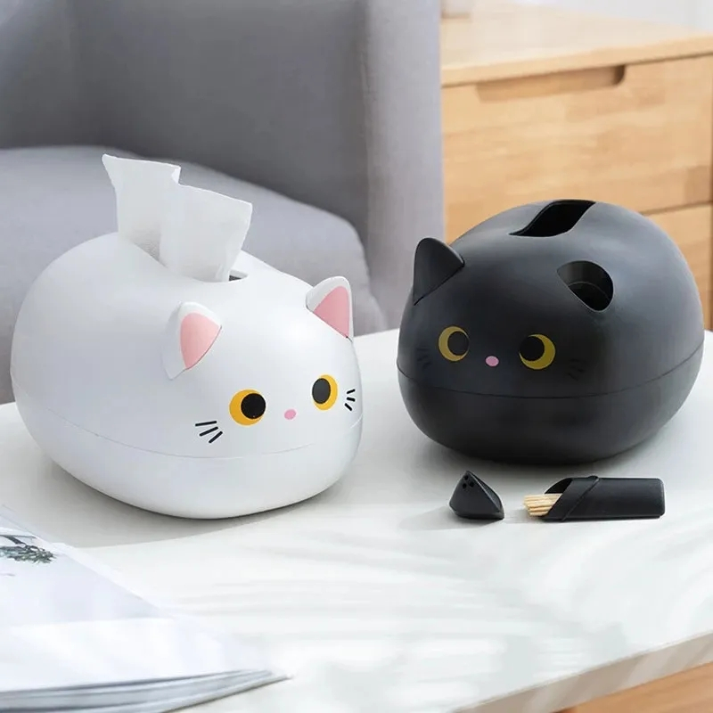 (22x13cm) Katzen Taschentuch Spender Nastuch Dispenser Kosmetik Tuch Aufbewahrungs Box inkl. Zahnstocherspender - Weiss