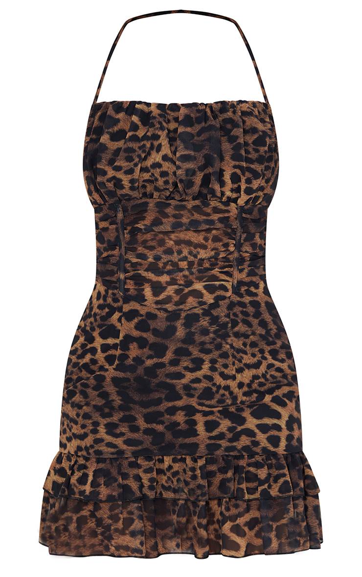 Marron Foncé Robe Moulante À Imprimé Léopard Tissé Col Licou Et Ourlet À Volants