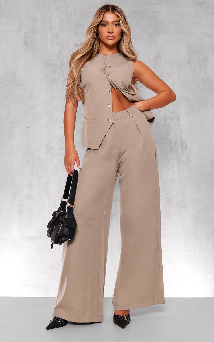 Taupe Pantalon Large Plissé Tailleur Tissé Ensemble Coordonné