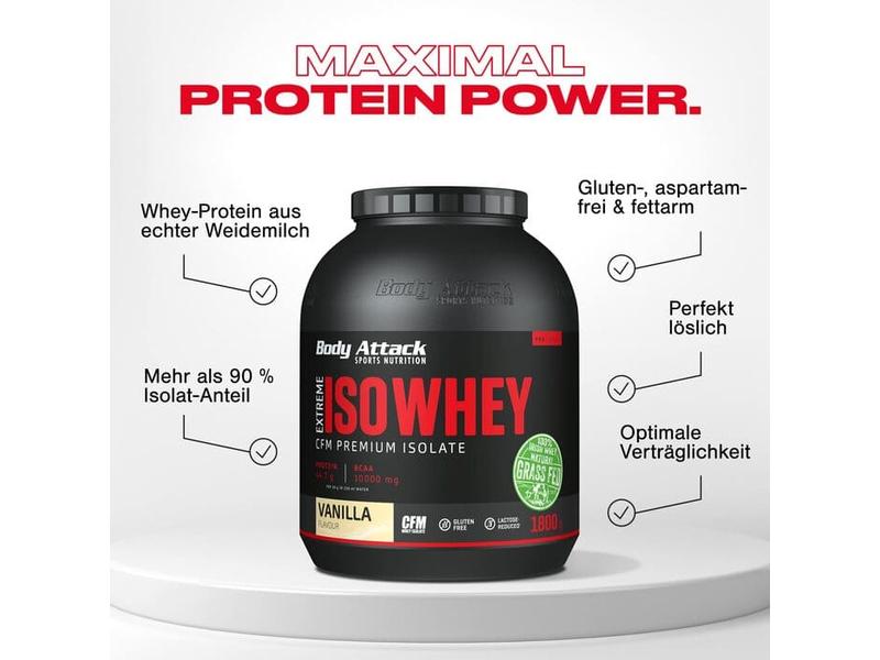 Body Attack Pulver Extreme Iso Whey Professional Erdbeere 1 Nahrungsergänzungsmittel mit wertvollem Whey Isolat