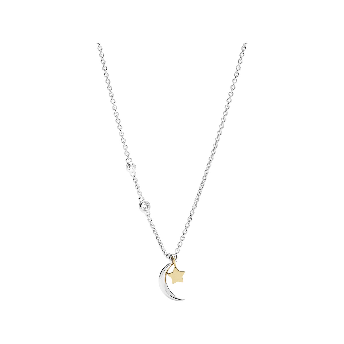 Collier FOSSIL argent 925 bicolore lune, étoile et zirconias 47 cm