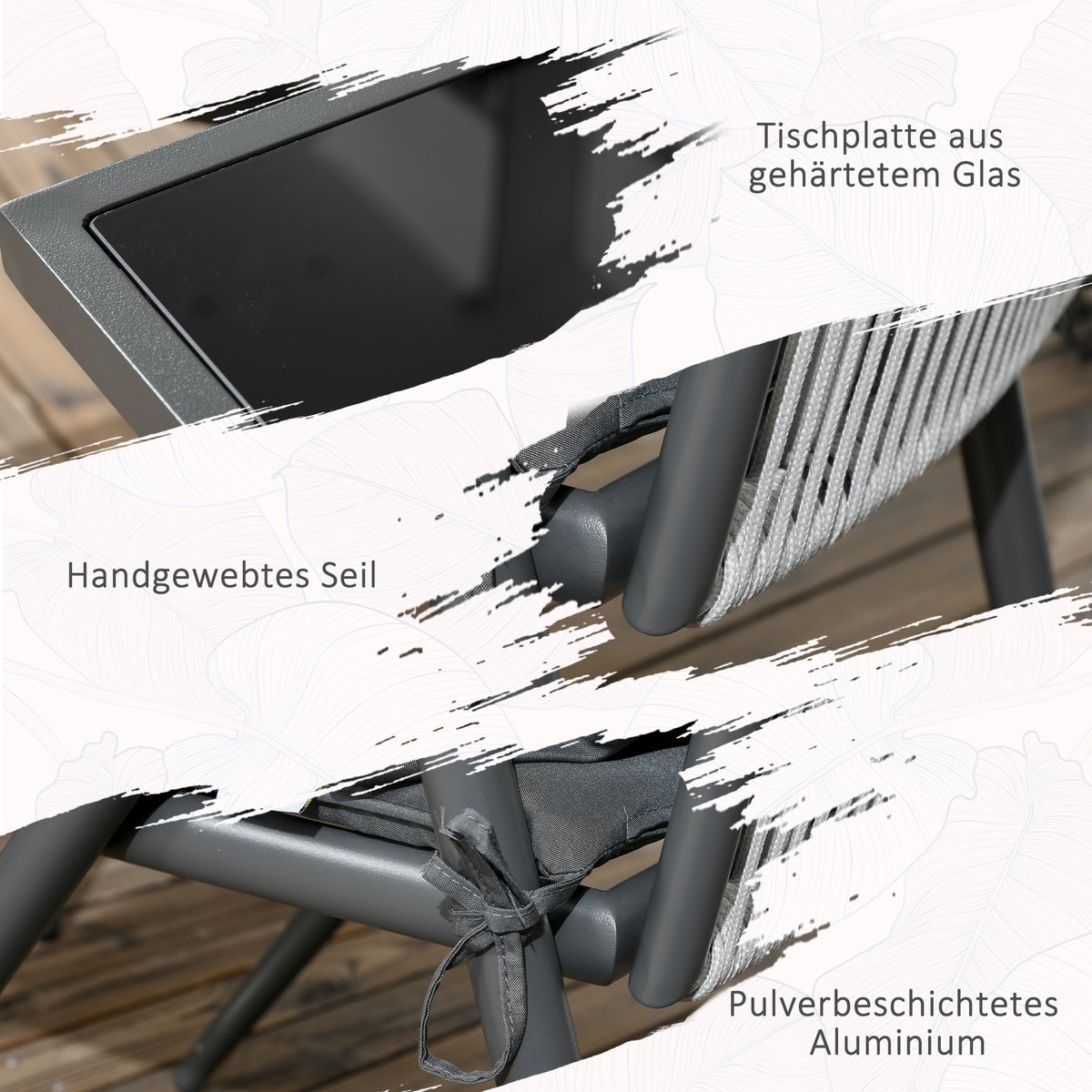 Outsunny 5-delige tuinmeubelset, tuinset met 1 tafel, 4 stoelen, met parasolgat, voor balkon, terras, 80L x 80B x 75H cm, polyester, donkergrijs