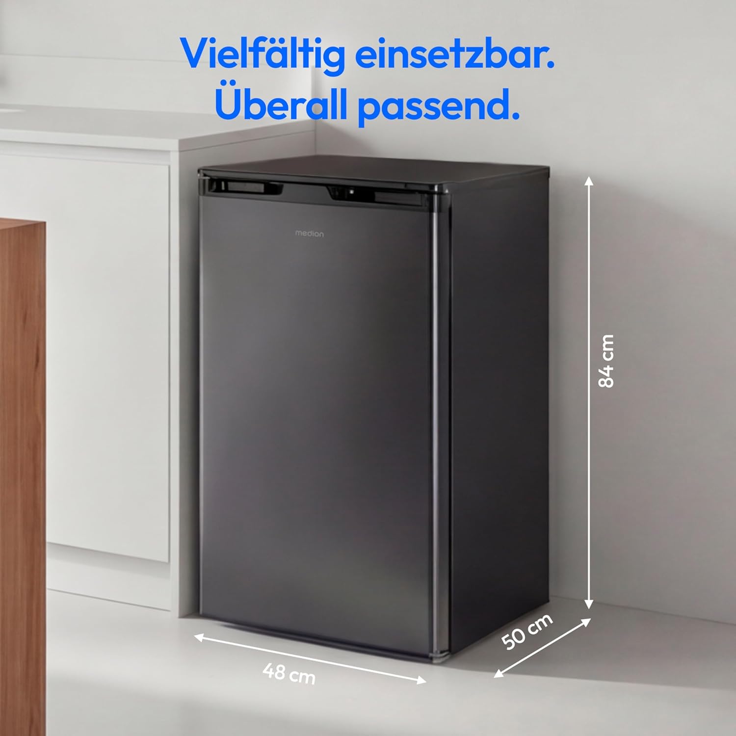 MEDION Gefrierschrank (64 Liter, 85cm hoch, 3 transparente Schubladen, Türanschlag wechselbar, MD37688) grau