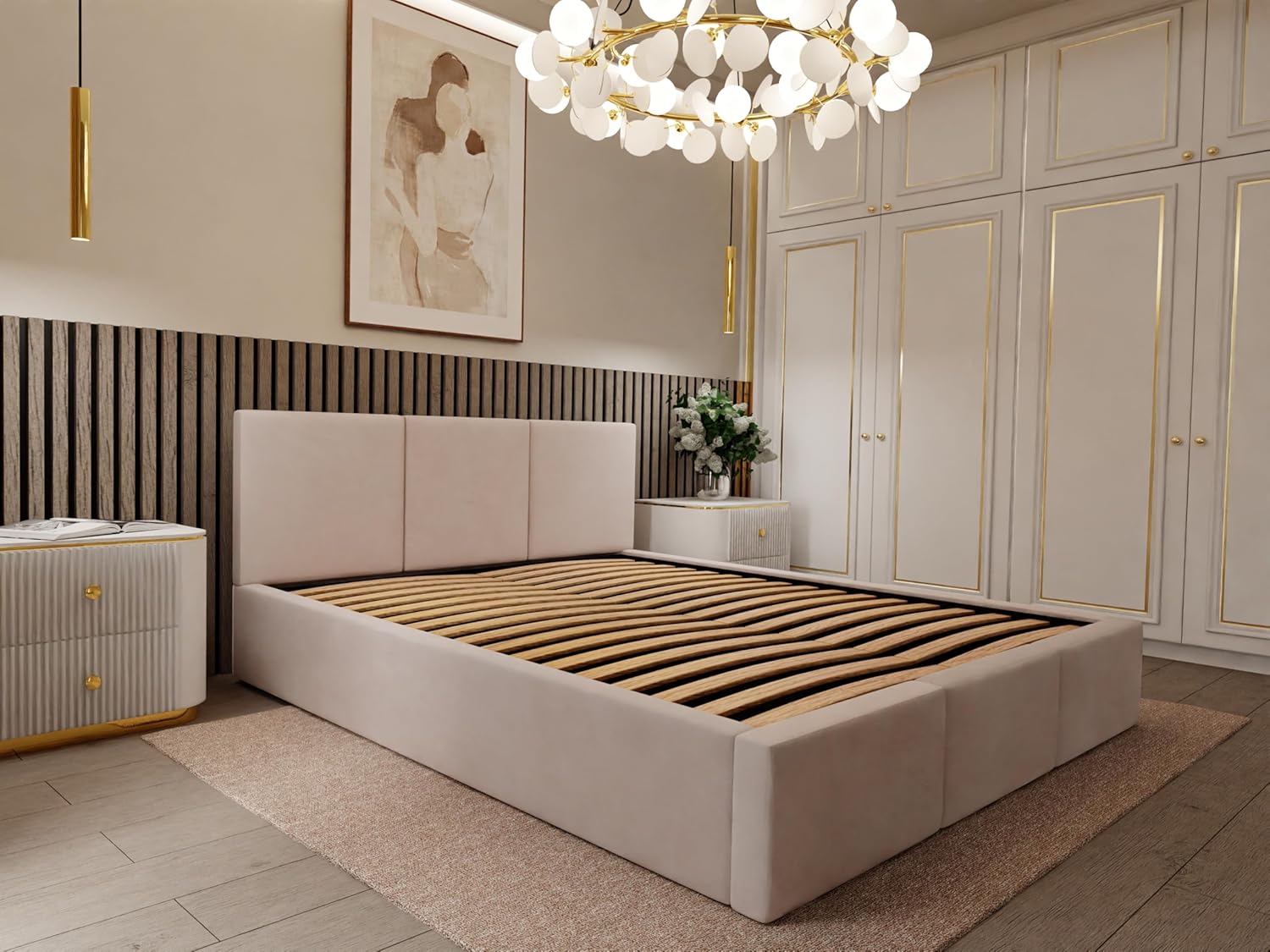 Muralo - Polsterbett 120x200 cm mit Bettkasten und gestepptem Kopfteil - Doppelbett - Ohne Matratze - Jugendbett - Stilvolles Schlafzimmer-Bett - Creme