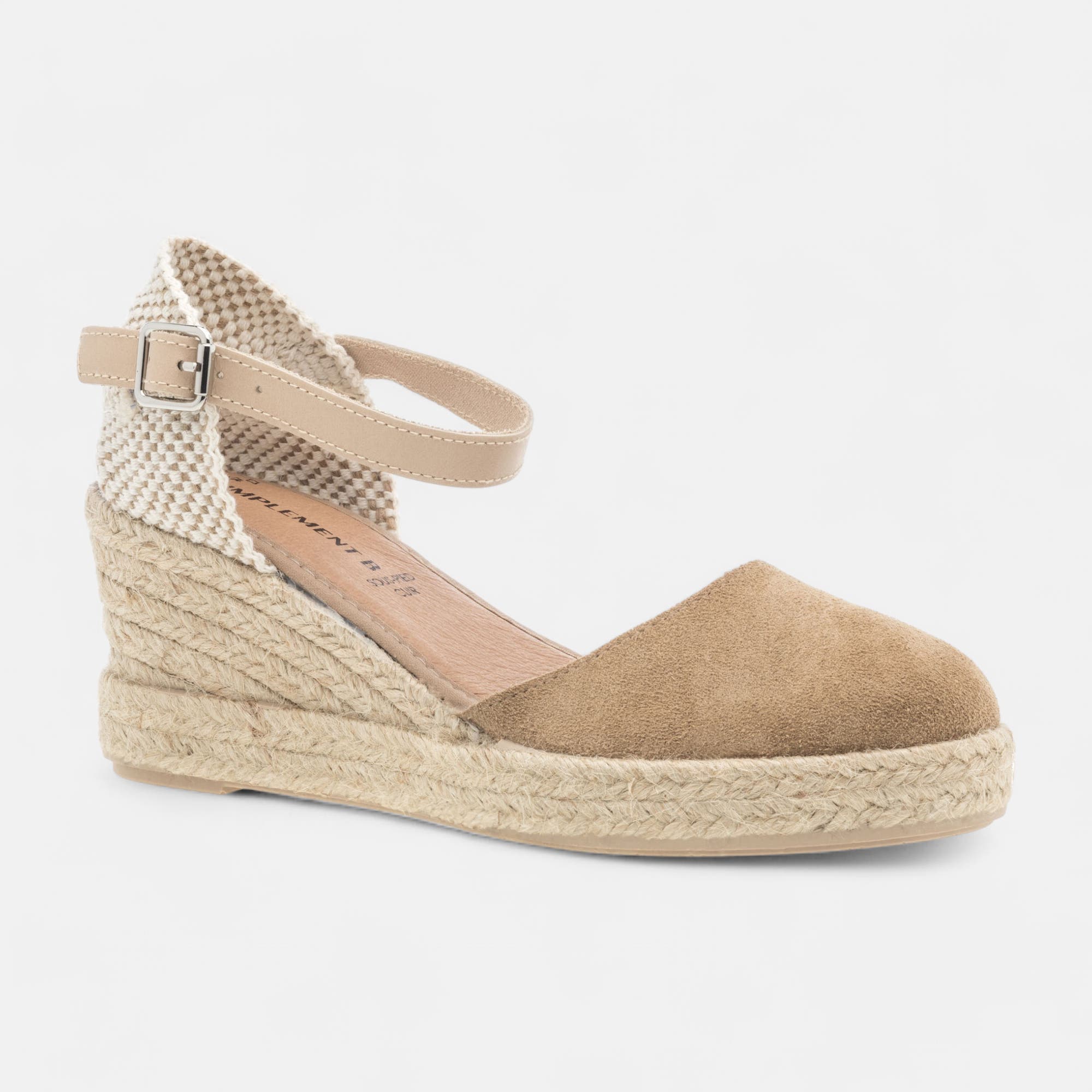 Espadrilles à talon compensé Femme en cuir taupe