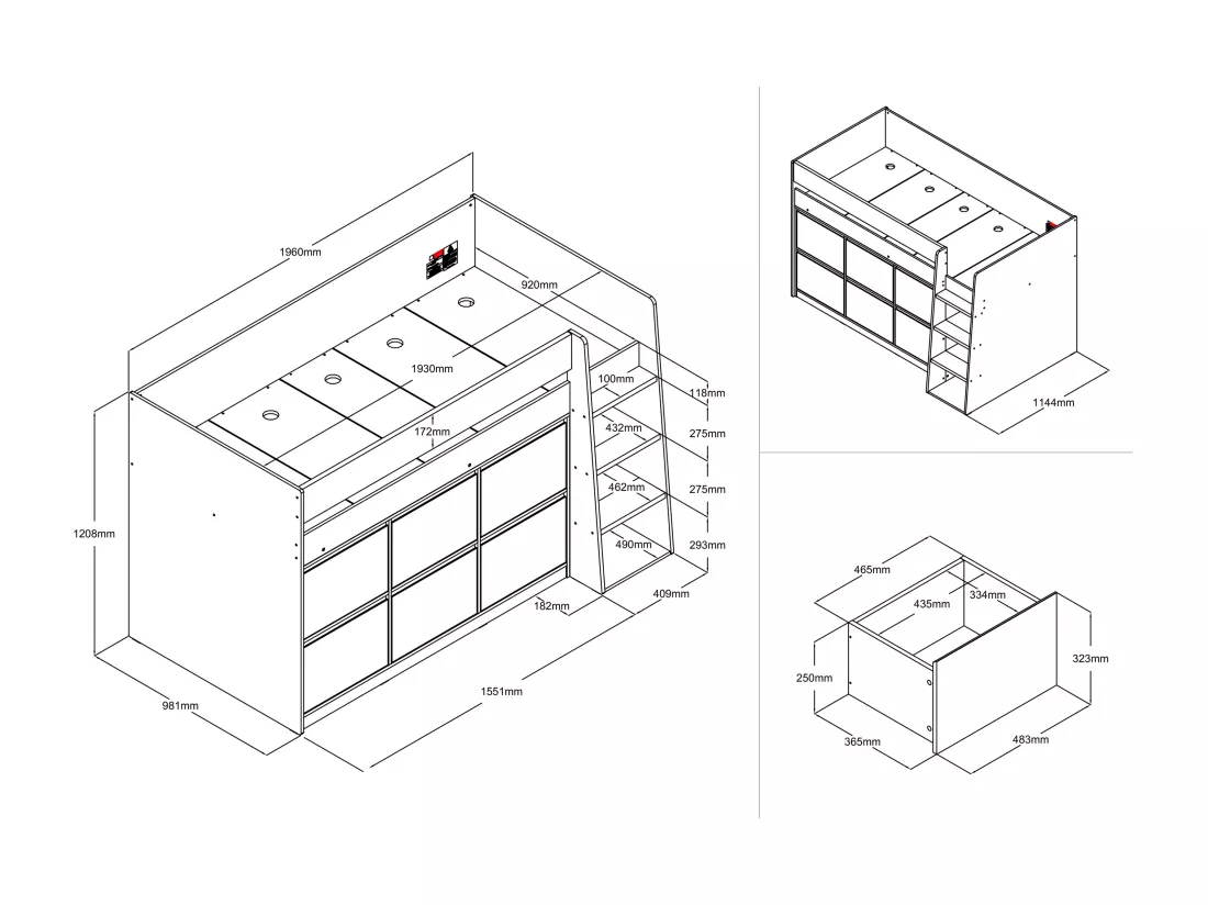 Lit mi-hauteur 90 x 190 cm avec 6 tiroirs - Blanc - CAMALETI