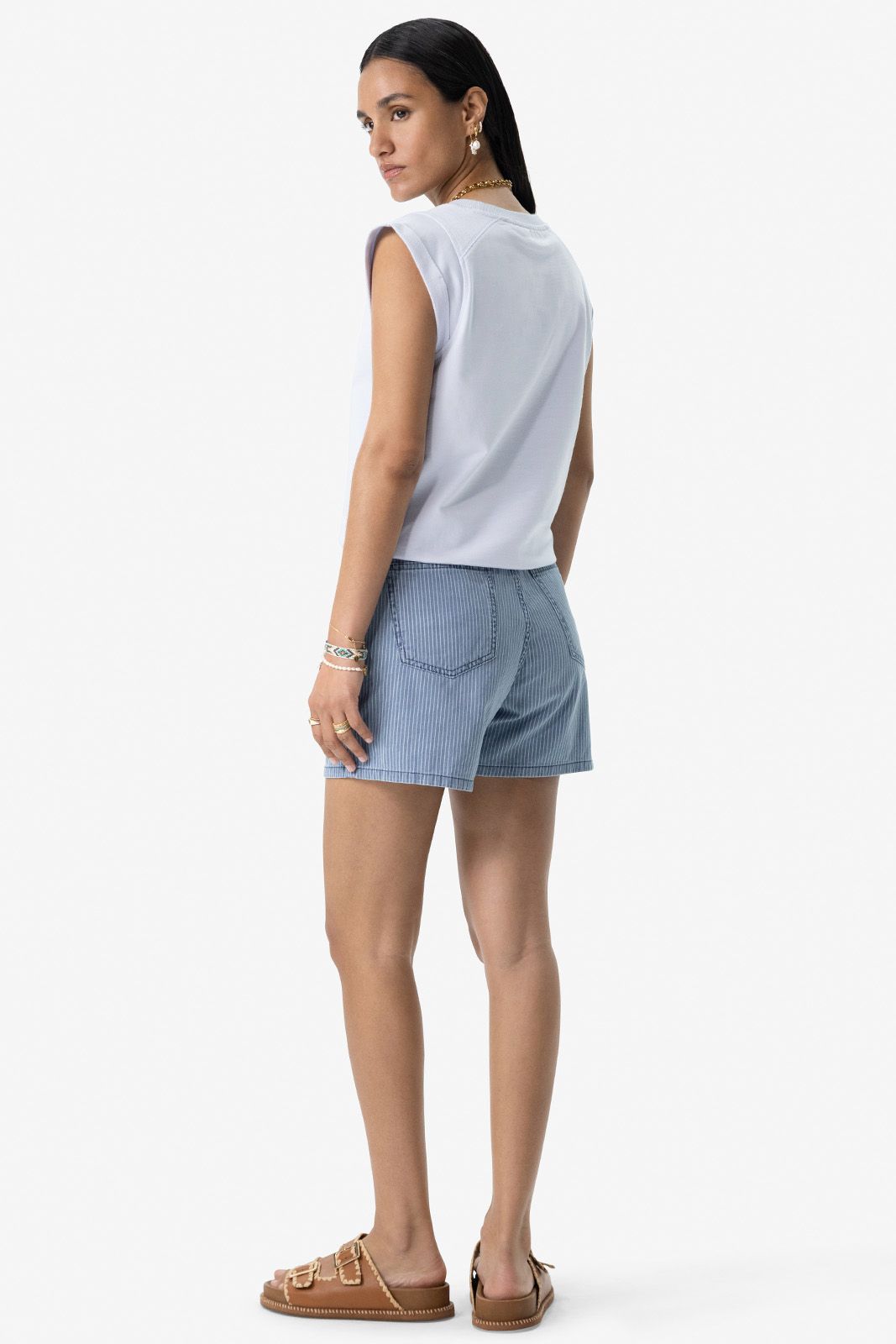 Lichtblauw gestreepte high waist denim shorts