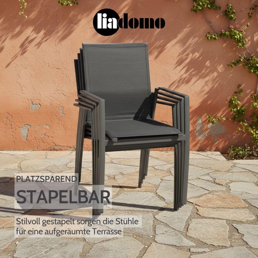 Gartenstuhl 2er-Set Pellaro - 2 Stück Stapelstuhl - wetterfest - fertig montiert - Alu mit Textilen - stapelbar - für Garten, Terrasse, Balkon - Alu-Armlehnen anthrazit