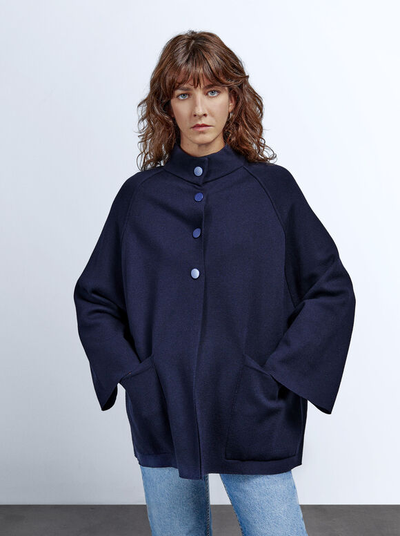 Poncho de gola alta em tricô - Azul