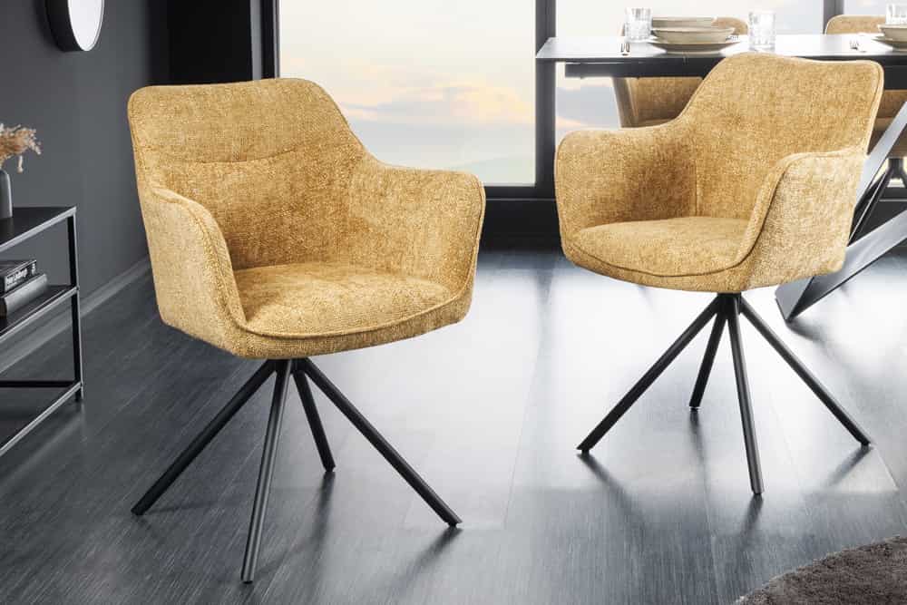 Drehbarer Stuhl VERONA senfgelb Strukturstoff mit Armlehne Metallbeine schwarz