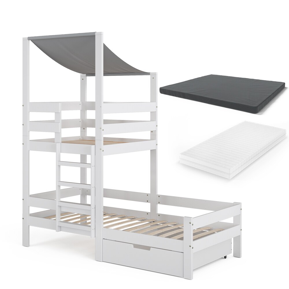 VitaliSpa Spielturmbett Kinderbett Spielbett Tom Weiß modern 204x218 cm Massivholz Kinderzimmer Lattenrost Bettleiter Bett Schublade Matratze Abenteuerbett Kletterbett