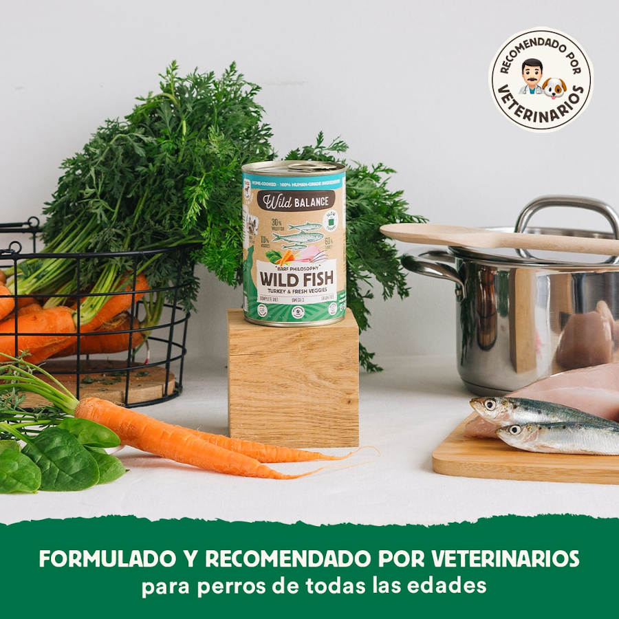 Lata de 400g de ração Wild Balance BARF com peixe e peru para cães.