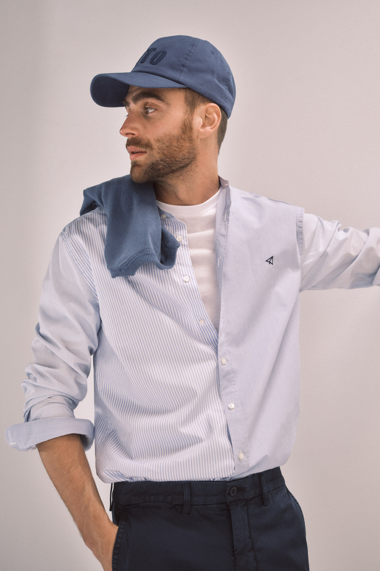 Camisa slim cuello mao estampado raias - Azul