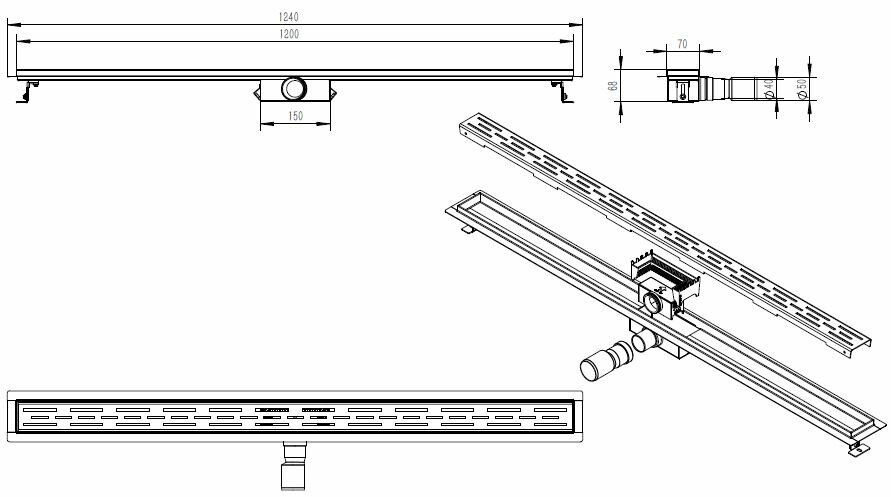 Mueller Basic douchegoot RVS met flens 120x7cm