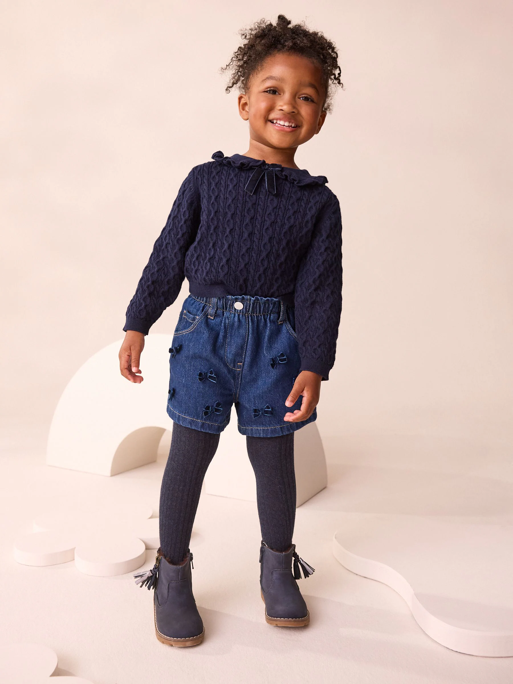 Blauw - Denim Bow Shorts and Tights Set (3mths-7yrs)