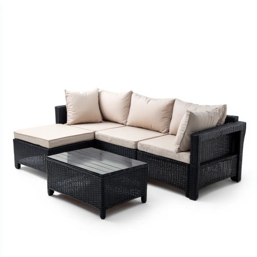 Garten-Sofaset Polyrattan 200x140x65 cm – Schwarz/Beige – Moderner Sti