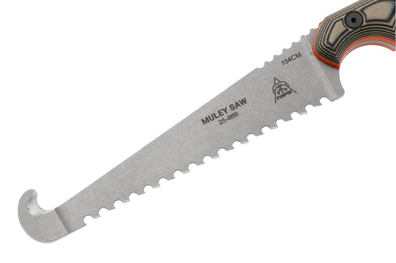 TOPS Knives Muley Saw MSAW-01, 154CM Tumble Finished, Tan Black G10, bottenzaag, Leo Espinoza design