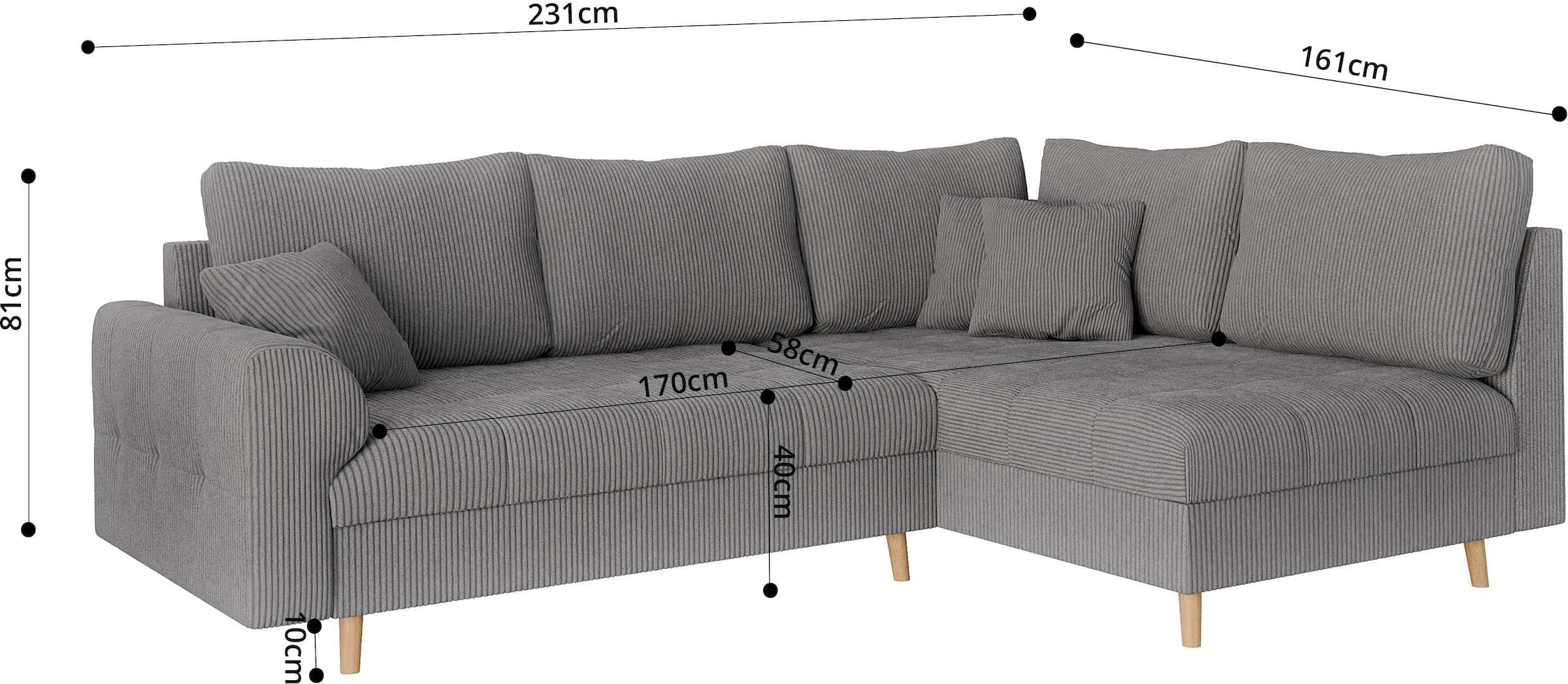 Home affaire Ecksofa »CHARRE L-Form mit Ottomane, Masse B/T/H: 231/161/81 cm« feine Steppung, lose Rücken- und Zierkissen, auch in Cord und Bouclé