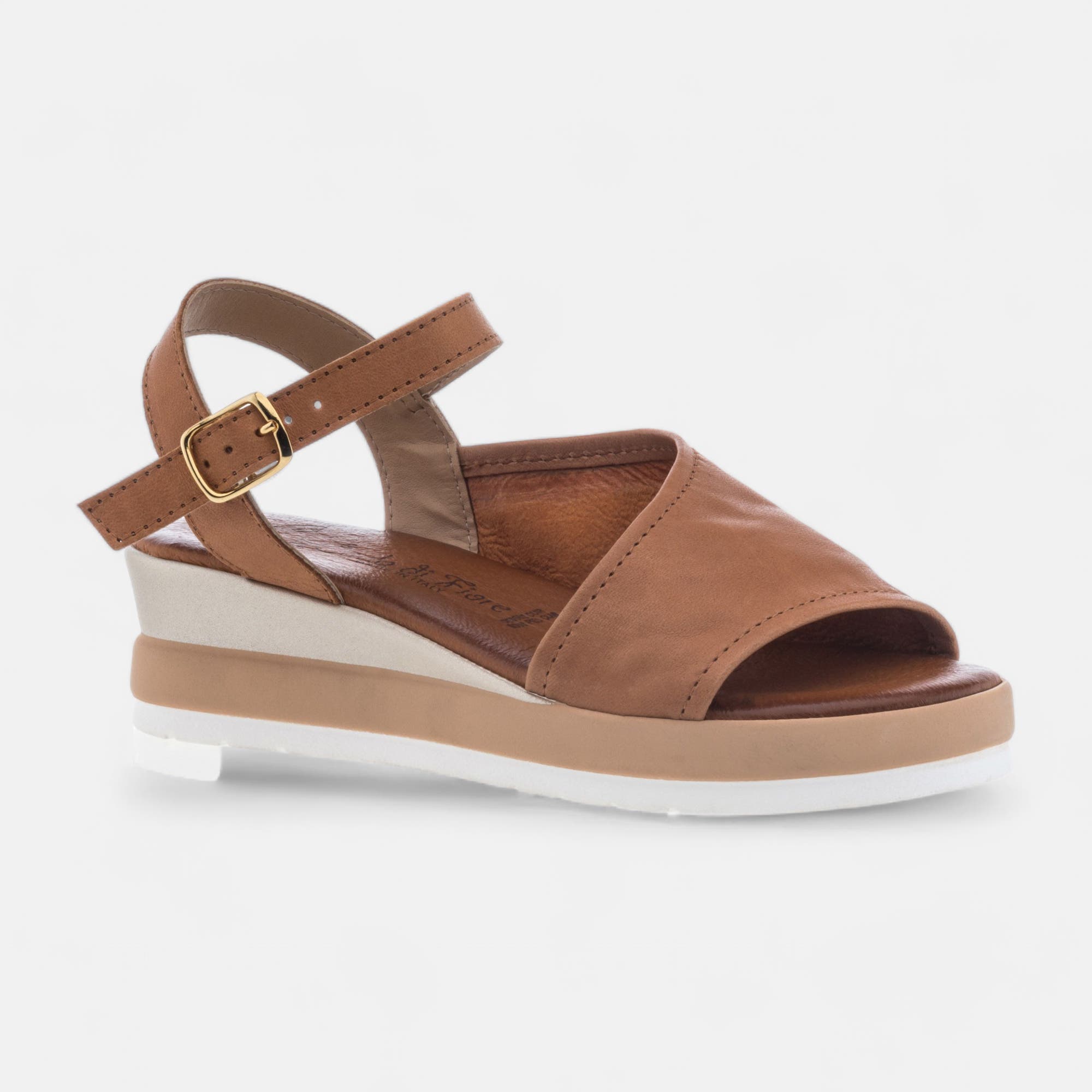 Sandales à talon compensé Femme en cuir cognac