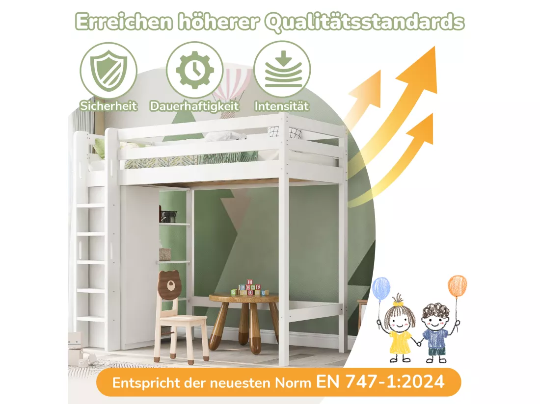 Lit mezzanine 90 x 200 cm avec armoire et 6 étagères - Panneaux de particules + MDF - Blanc (sans matelas)
