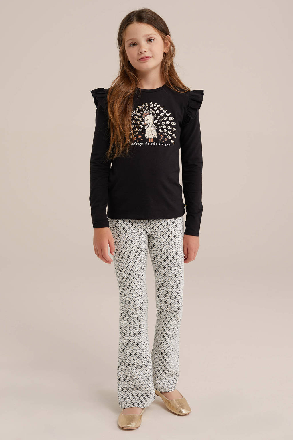 WE Fashion flared broek met all over print blanc