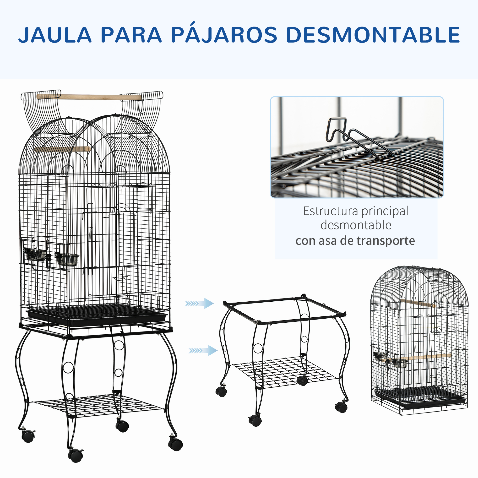 Gaiola PawHut com suporte e rodas, gaiola grande de aço com bandeja removível, 4 portas e 2 comedouros para papagaios e araras, 51x51x153 cm, preta.