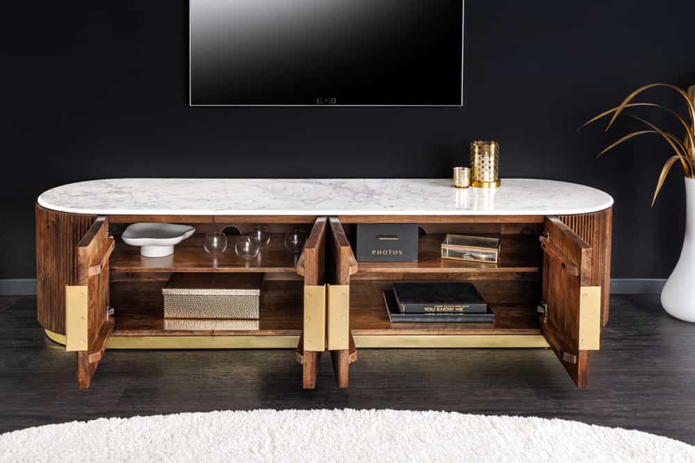 Design TV-Board GATSBY 170cm braun gold Mangoholz weiße Marmorplatte Lowboard